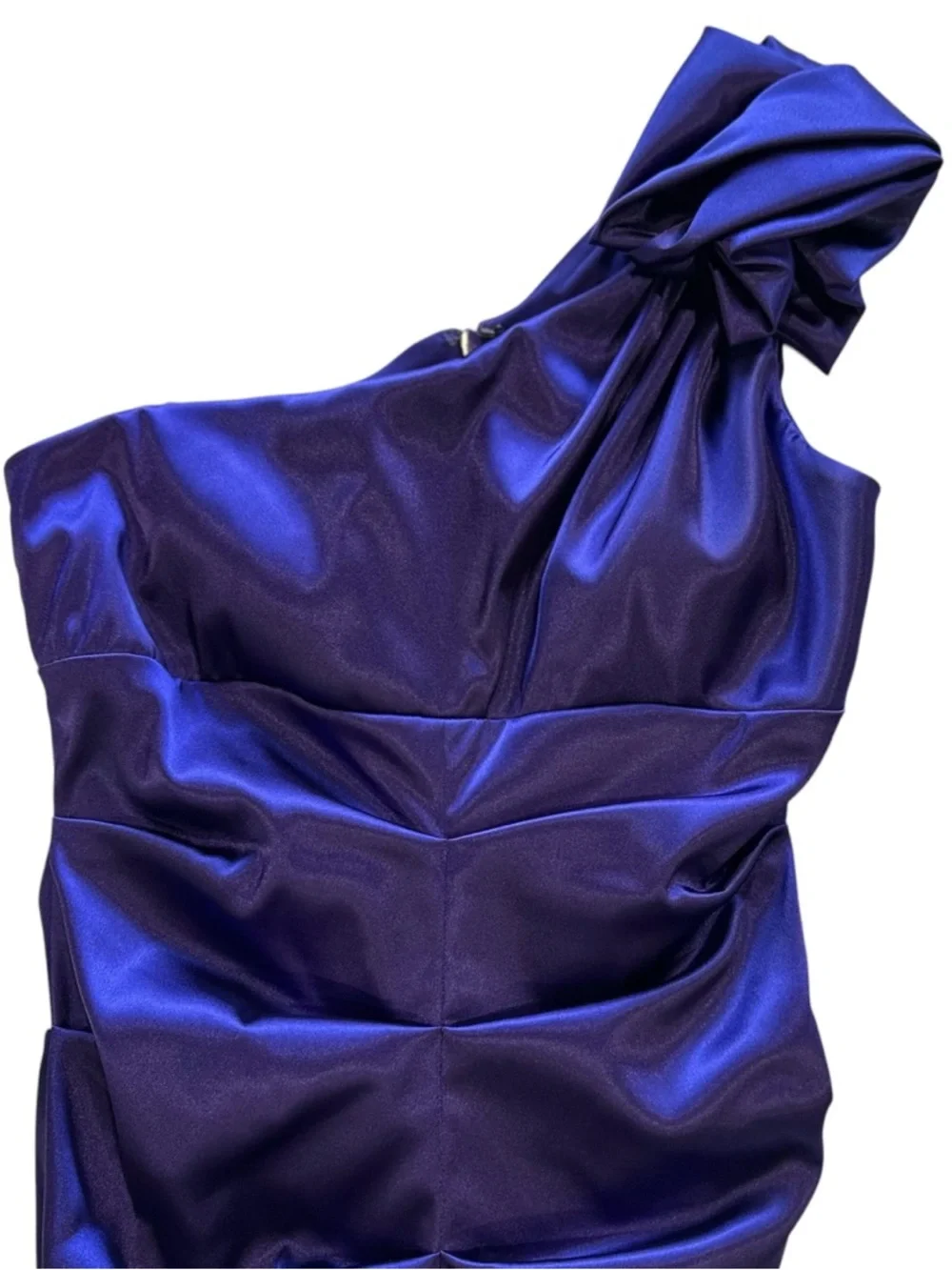 NWT Xscape Cocktail Dress Royal Blue/Purple Ruched One Shoulder Satin Mini Sz 6 - Picture 8 of 12